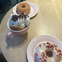 White chocolate & strawberry, cinnamon sugar ring, and donut with Oatly soft serve 💖  at Brammibal's Donuts - Potsdamer Platz in Berlin