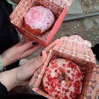 Red Velvet & Strawberry white chocolate donuts at Brammibal's Donuts - Potsdamer Platz in Berlin