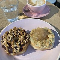 Caramel chocolate crunch and apple pie donuts, Oatly americano  at Brammibal's Donuts - Potsdamer Platz in Berlin