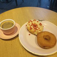 White choc and strawberry, cinnamon sugar donuts. Americano coffee, small. at Brammibal's Donuts - Potsdamer Platz in Berlin