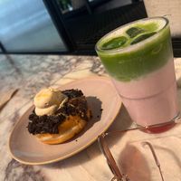 Small strawberry matcha latte and donut at Brammibal's Donuts - Potsdamer Platz in Berlin