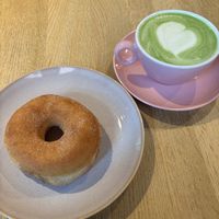 Cinnamon sugar donut and matcha latte  at Brammibal's Donuts - Potsdamer Platz in Berlin