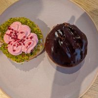Raspberry pistachio and Boston creme at Brammibal's Donuts - Potsdamer Platz in Berlin