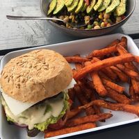 A nice salad and a tasty vurger with sweet potato fries at Oh My Soul Cafe in Durban