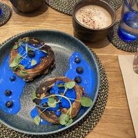 Blueberry pancakes with spirulina  at Yeotown Kitchen in London