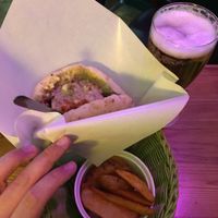 falafel sandwhich, french fries and draft beer  at Falafel Brothers - Ebisu in Tokyo