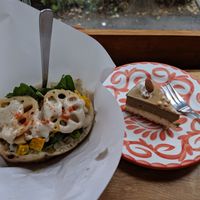 half falafel sandwich with sakusaku and houjicha cake at Falafel Brothers - Ebisu in Tokyo