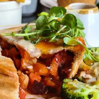 Delicious pie and fat, crispy chips at The Antelope Inn in Lighthorne