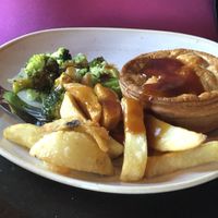 Mushroom & chestnut pie with chips, greens and gravy  at The Antelope Inn in Lighthorne