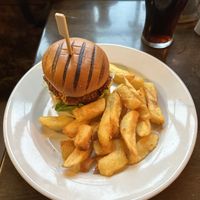 Thai spiced burger and chips   at The Antelope Inn in Lighthorne