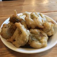Deep fried battered pickles  at Tiny Rebel in Cardiff
