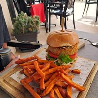 Chickpea burger and sweet potato chips at one80 in Mellieha