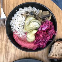 Plat du jour (riz, betterave, aubergine)  at Grounded in Paris