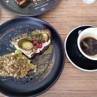 This is two halfs of two sandwiches as we shared. Taste really nice  but 10,50 bit to much. If you have problems with hard food it is hard to chew the hard toasted slices of bread. at Grounded in Paris