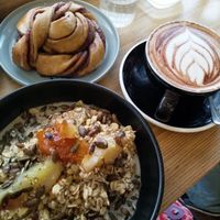 Muesli Bircher and Cinnamon pastry with mocha February 2020 at Grounded in Paris