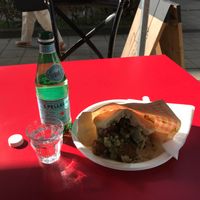 My lunch, a falafel sandwich served with tahini, cucumber salad and sauerkraut! Divine! at Zuza's Deli in Amsterdam
