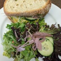 Lentil burger with side salad at Broadfork Cafe - Uptown in Seattle