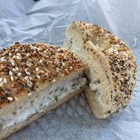 Everything bagel with vegan chive tofutti cream cheese at Biff's Bagels in Flagstaff