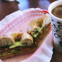 black bean burger bagel with avo!  at Biff's Bagels in Flagstaff