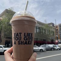 Chocolate shake and the front of the building   at Stand-Up Burgers in Berkeley