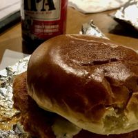 Chic’n burger with beer OH NO!  at Stand-Up Burgers in Berkeley