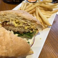 Agave mustard chick’n burger with a side of siracha sauce.  at Bob's Burgers and Brew in Marysville