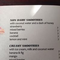 Non-dairy smoothies list at Tagine Tapas and Grill in North Perth