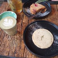 Tea, scone (vegan) + botanical latte, citrus-rosemary cookie (vegan) at The Greens in Berlin