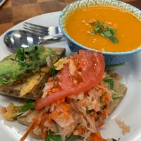 Butternut soup, they gave me both the parsley pesto and lentil sandwiches since I could not decide.  at Sweet Elizabeth's Organics Bakery in Colorado Springs