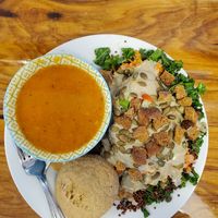 Cup of carrot soup and veggie bowl at Sweet Elizabeth's Organics Bakery in Colorado Springs