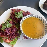 pesto sandwich on focaccia bread and butternut squash soup  at Sweet Elizabeth's Organics Bakery in Colorado Springs