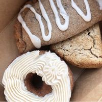 Donut with lemon frosting, blueberry turnover, and scone  at Sweet Elizabeth's Organics Bakery in Colorado Springs