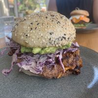 “Hey Gringo” house braised brisket with slaw, refried beans ans avo. By far the best burger EVER!  at Cafe Vie Sunshine Coast in Buderim