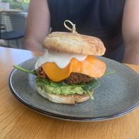 Breakfast muffin with sausage, fakon, vegg (egg) avo and spinach  at Cafe Vie Sunshine Coast in Buderim