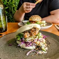 Prawn Bao and Soul burger at the back. at Cafe Vie Sunshine Coast in Buderim