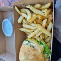 Burger on gf with chips. Yum!! at Cafe Vie Sunshine Coast in Buderim