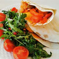 Tortillas stuffed with sweet potatoes and vegan cheese at Sublimmme in Bucharest