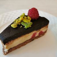 Raspberry cake as dessert at Sublimmme in Bucharest