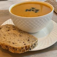 Pumpkin cream soup with coconut cream, part of the Tuesday menu of the day (with a wrap for 42 lei)  at Sublimmme in Bucharest