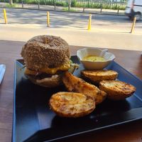 Proteit burger with sweet mustard sauce and maia bun at Sublimmme in Bucharest