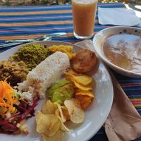 Dish of the day with bean soup and tamarind juice. at Alma Natura in Medellin
