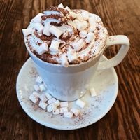 A delicious hot chocolate with vegan cream on top!! (And marshmallows) at Sky Blue Cafe in Bath