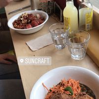 Dish on the right is potato cakes main at Suncraft in Bristol