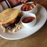 Dish with sweet potato, black beans and corn 'bread' at Suncraft in Bristol