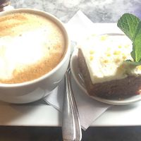 Vegan carros cake + soy latte at Pizza Express in Bishops Stortford