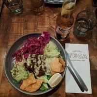Burrito bowl with vegan chorizo and guacamole at Yuca in Rovaniemi