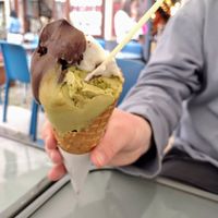 Fondente (dark chocolate), pistachio, lemon at Azzurra Ice Cream in Alghero