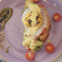 Waffle with vegan bacon and vegan egg at Creme Cafe in Lanzarote