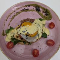 Waffle with vegan fried egg and bacon at Creme Cafe in Lanzarote