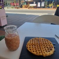 No icing sugar, no ice cream waffles with maple watermelon smoothie at Creme Cafe in Lanzarote
